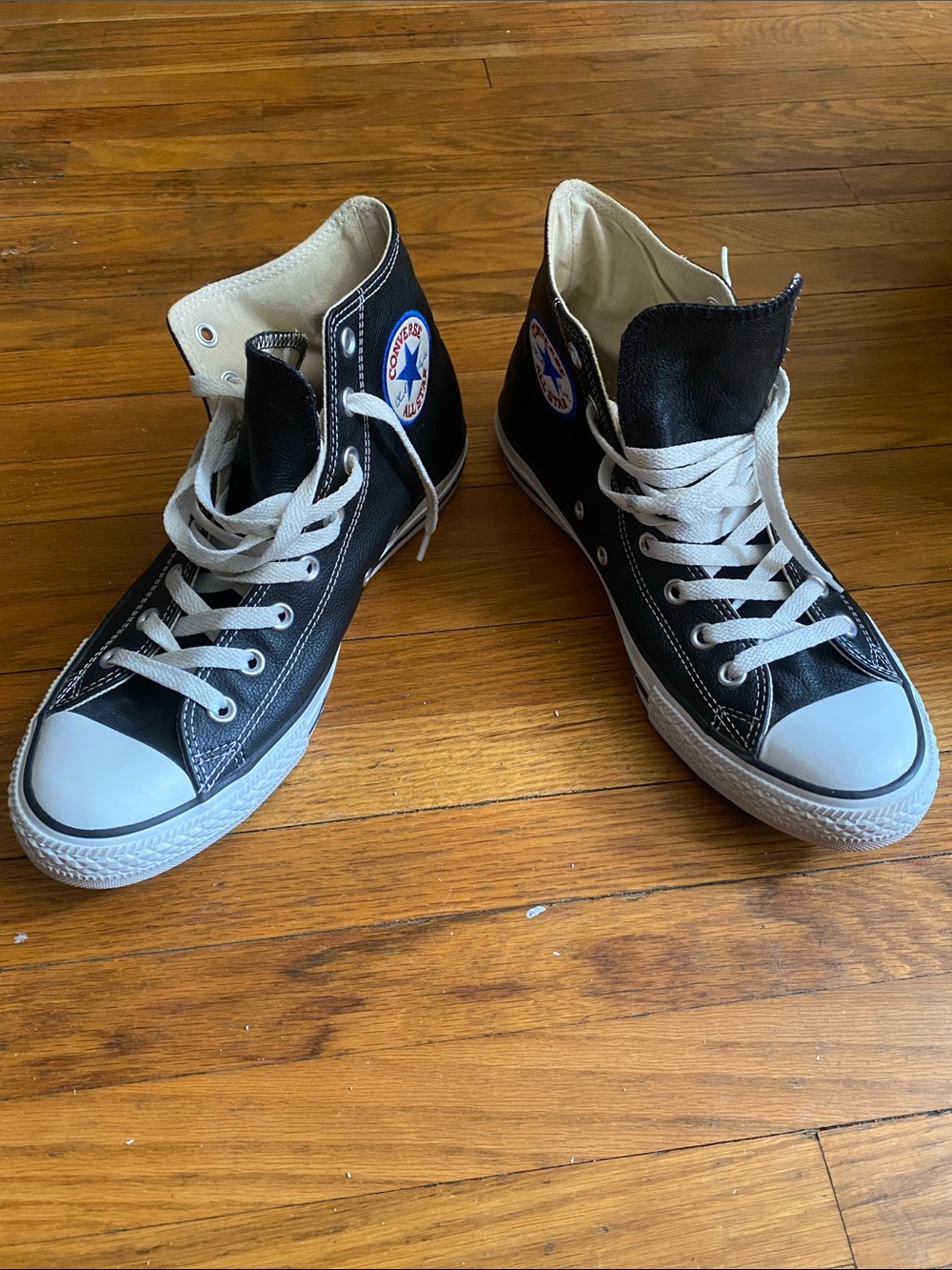 Leather Converse High Top Sneakers in Black with White Trim Men’s Size 9
